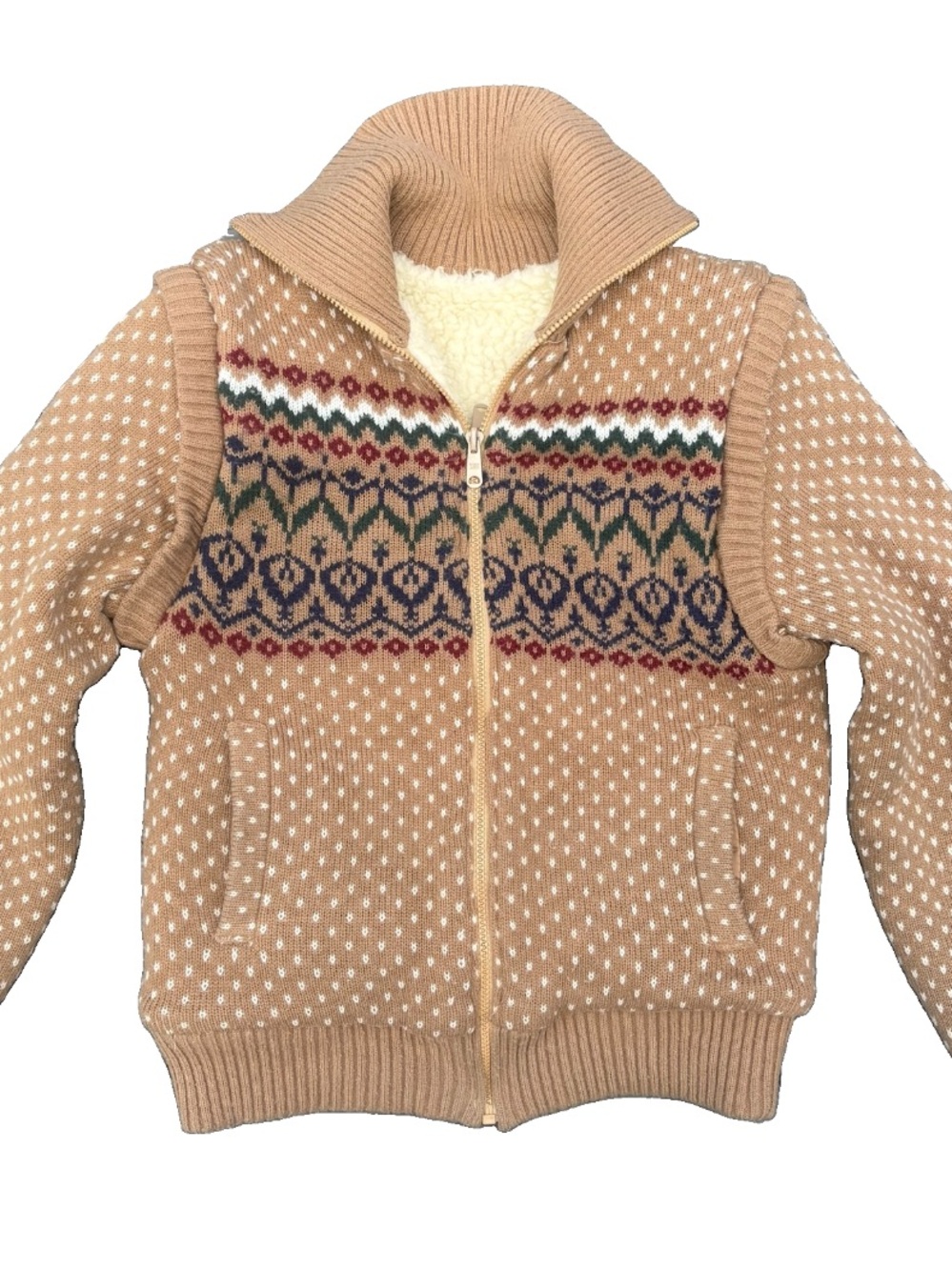 Vintage Tan Fair Isle Sherpa Zip Cardigan